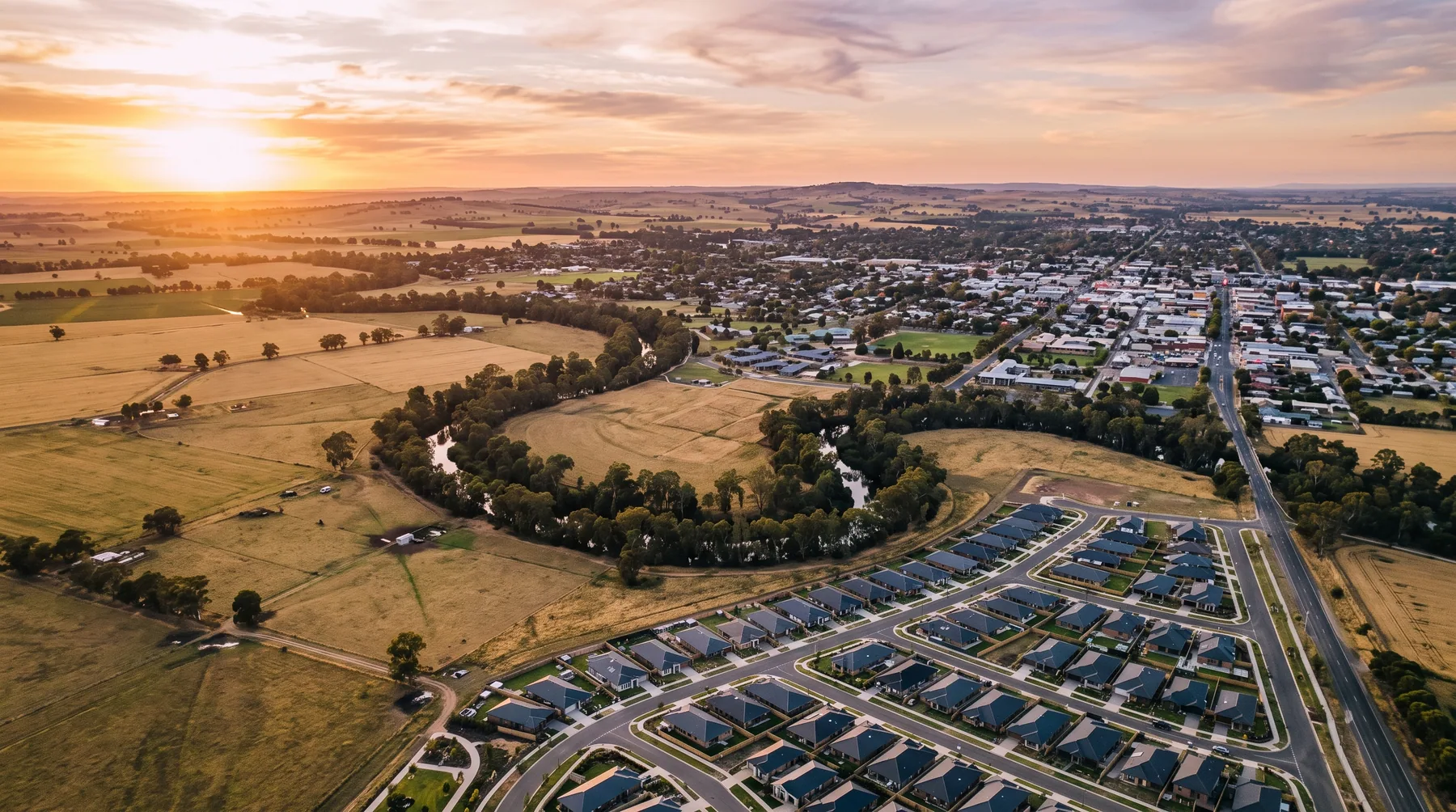 Aerial view of the Shepparton South East precinct with new streets, parkland and river corridor